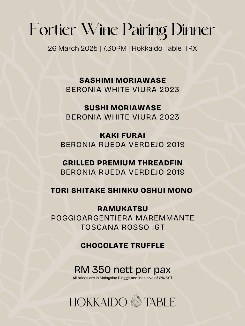 Fortier Wine Pairing Dinner at Hokkaido Table