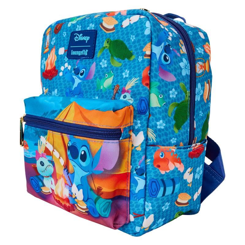 Loungefly : Stitch Camping Cuties All-Over Print Nylon Square Mini Backpack