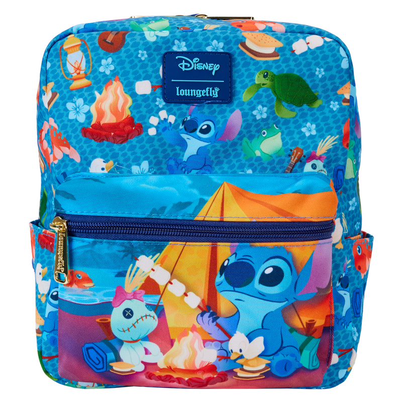 Loungefly : Stitch Camping Cuties All-Over Print Nylon Square Mini Backpack